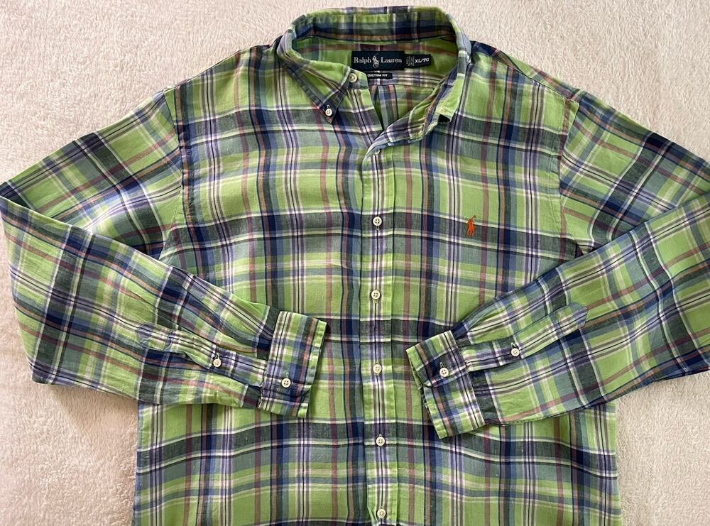 Ralph Lauren 100% Linen Shirt XL Custom Fit Green Plaid Orange Pony Luxury
